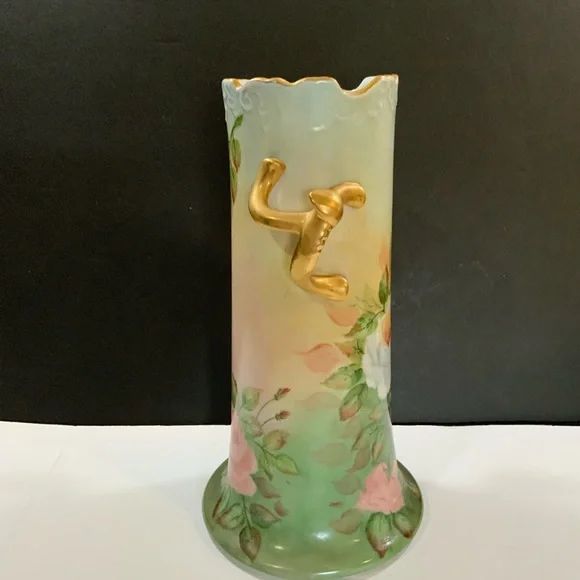 Large Vase Porcelain Roses Gold tone Trim Signed 12 inches Tall Vintage